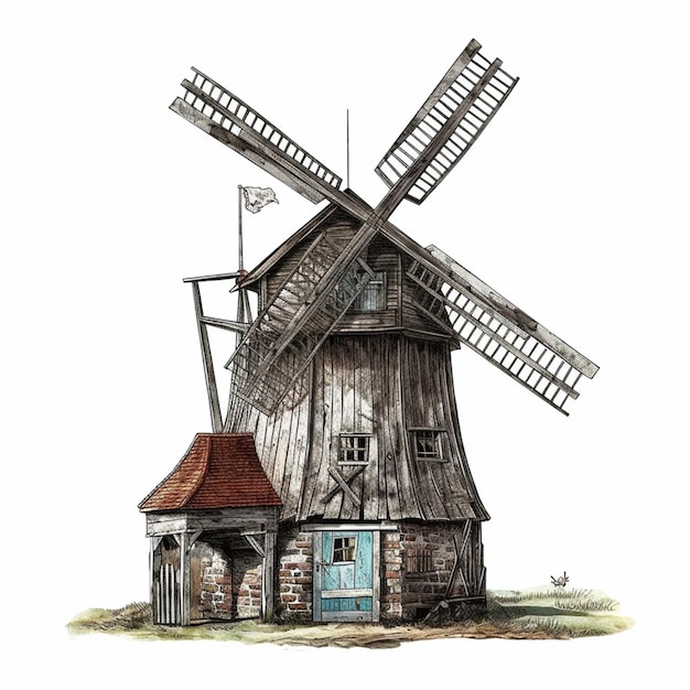 Es gibt eine Zeichnung einer Windmühle mit einem Haus im Hintergrund. Generative KI
