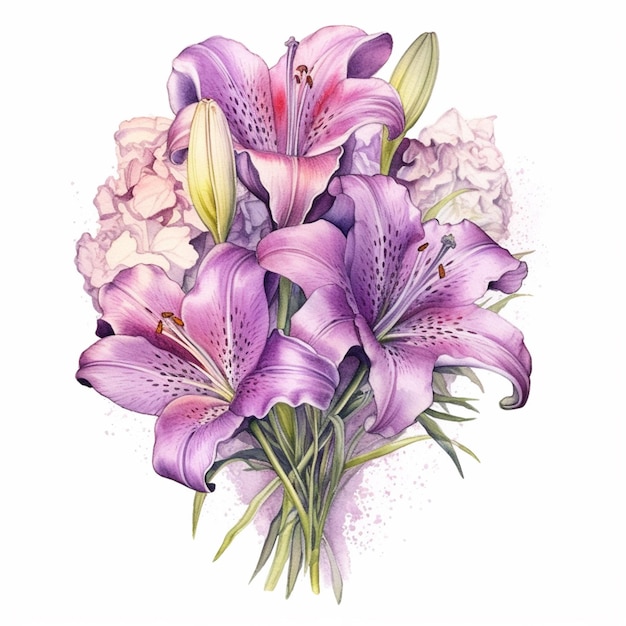 Es gibt eine Zeichnung eines Blumenstammes mit rosa und lila Blumen generative ai