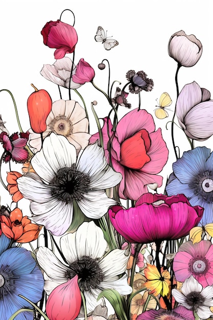 Es gibt eine Zeichnung eines Blumenstraußes mit generativen Schmetterlingen