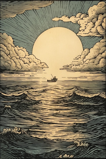 Es gibt eine Zeichnung eines Bootes im Ozean mit einer Sonne im Hintergrund. Generative KI