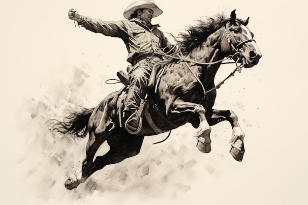 Foto es gibt eine zeichnung eines cowboys, der auf einem pferd reitet.
