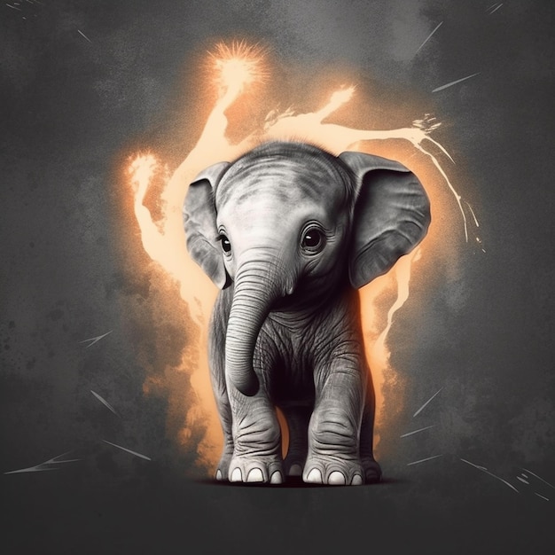 Es gibt eine Zeichnung eines Elefanten mit einem Feuer im Hintergrund.