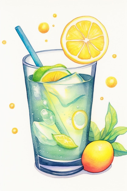 Es gibt eine Zeichnung eines Glases Limonade mit einem Strohhalm und einem blauen Strohhalm generativ ai