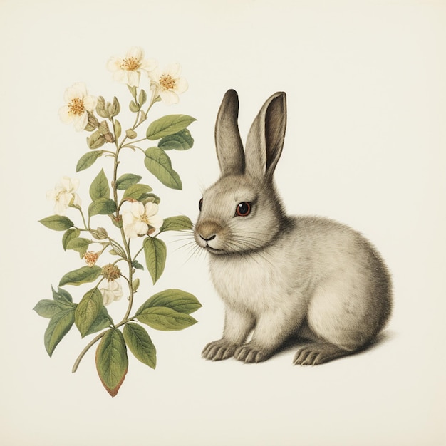 Es gibt eine Zeichnung eines Kaninchen, der neben einer Blume sitzt.