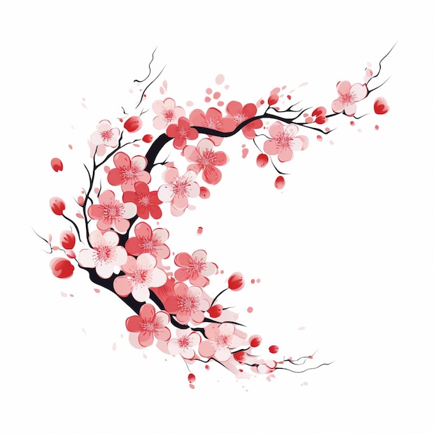 Es gibt eine Zeichnung eines Kirschblütenbaums mit roten Blüten.