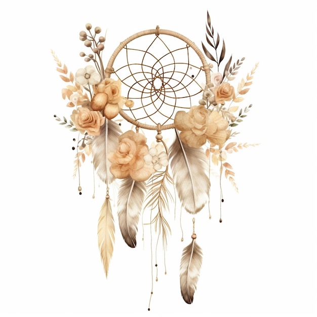 Es gibt eine Zeichnung eines Traumfängers mit Blumen und Federn.