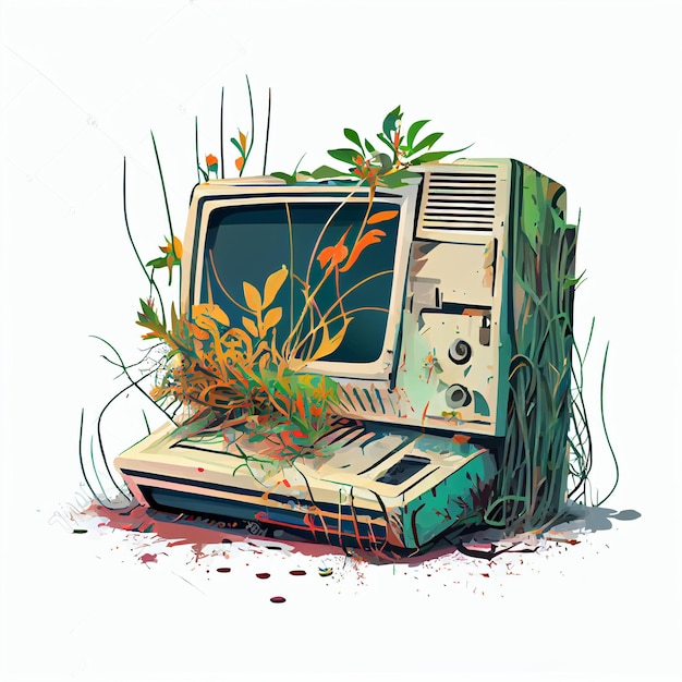 Es gibt einen alten Computer mit einer Pflanze, die aus ihm wächst.