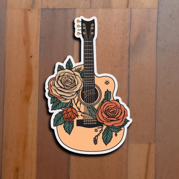 Foto es gibt einen aufkleber einer gitarre mit rosen darauf.