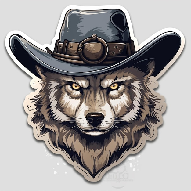 Foto es gibt einen aufkleber mit einem wolf, der einen cowboyhut trägt.