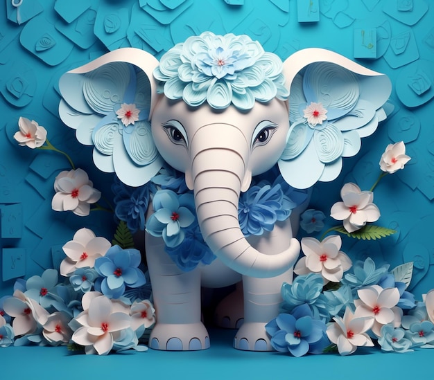 Es gibt einen aus Papier geschnittenen Elefanten mit Blumen auf dem Kopf. Generative KI
