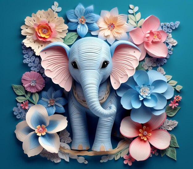 Es gibt einen aus Papier geschnittenen Elefanten mit Blumen im Hintergrund, generative KI