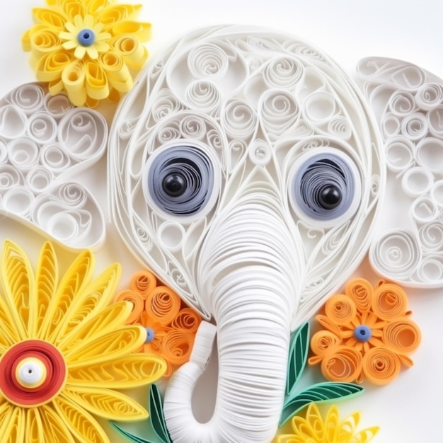 Es gibt einen aus Papier geschnittenen Elefanten mit Blumen und eine generative Blumen-KI