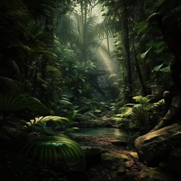 Es gibt einen Bach, der durch einen Dschungel mit vielen Bäumen fließt, die künstliche Intelligenz erzeugen