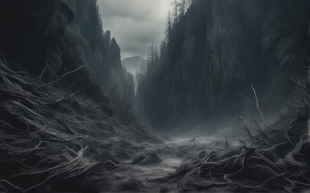 Es gibt einen Bach, der durch einen Wald mit dunklem Himmel fließt