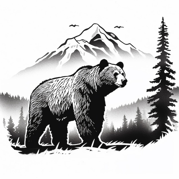 Foto es gibt einen bären, der im gras in der nähe eines berges steht.