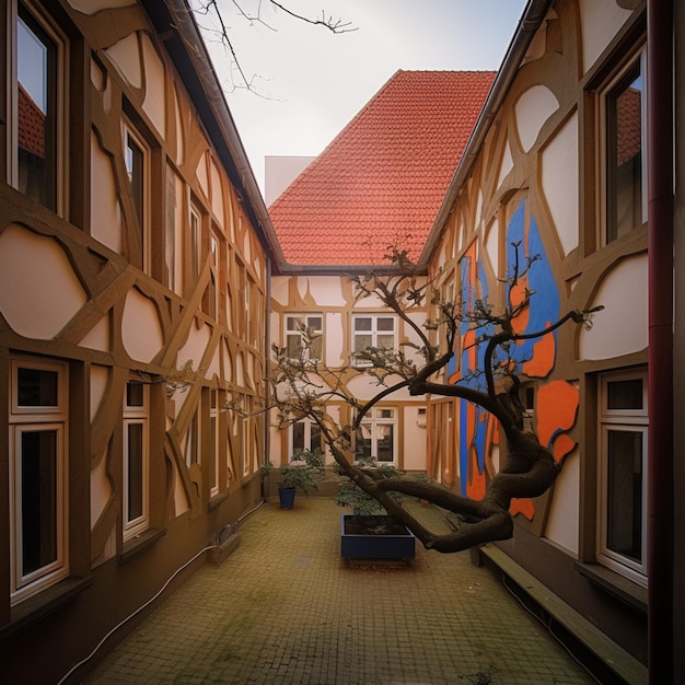 Foto es gibt einen baum, der in einem innenhof zwischen zwei gebäuden mit generativer ki wächst