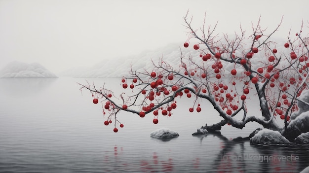 Es gibt einen Baum mit roten Beeren darauf im Schnee