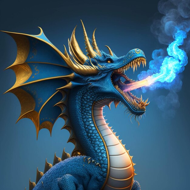 Es gibt einen blauen Drachen mit einem gelben Schwanz und einer generativen KI mit blauer Flamme