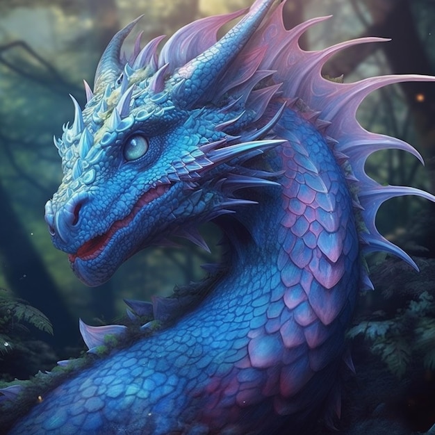 Es gibt einen blauen Drachen mit einem rosa Schwanz und einer roten Nase, die eine generative KI erzeugt