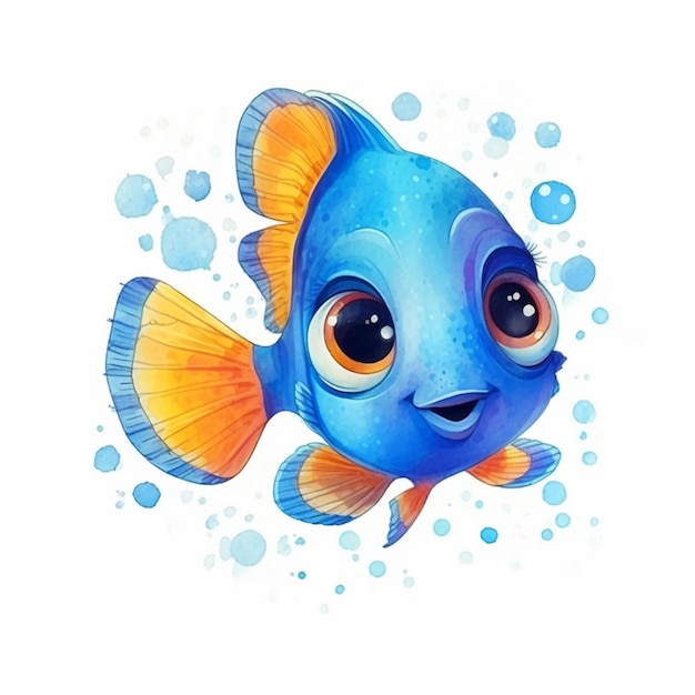 Es gibt einen blauen Fisch mit orangefarbenen Flossen und großen Augen.