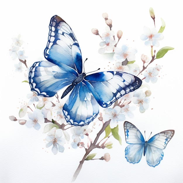 Es gibt einen blauen Schmetterling auf einem Zweig mit weißen Blumen