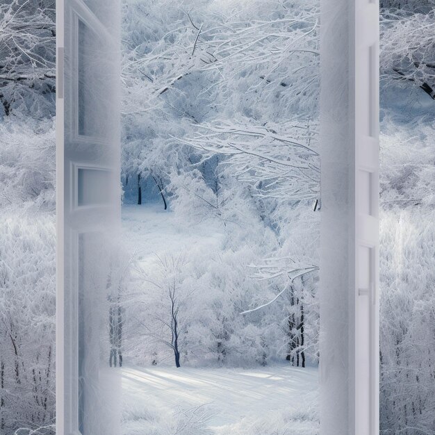 Foto es gibt einen blick auf einen schneebedeckten wald von einem fenster aus