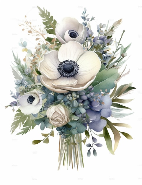 Es gibt einen Blumenstrauß mit blauen und weißen Blumen generativ ai
