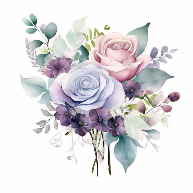 Es gibt einen Blumenstrauß mit violetten und blauen Rosen