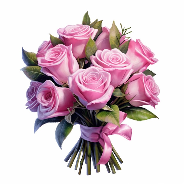 Es gibt einen Blumenstrauß rosa Rosen mit einem rosa Band generativ ai
