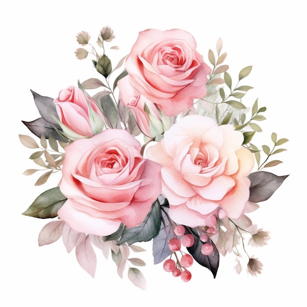 Es gibt einen Bouquet von rosa Rosen mit grünen Blättern und Beeren generative ai