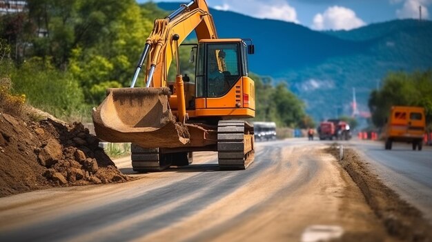 Es gibt einen Bulldozer, der mit generativer KI die Straße entlang fährt