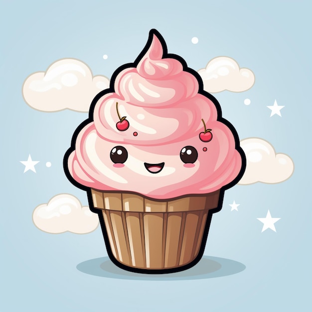 Es gibt einen Cartoon-Cupcake mit einem rosa Glasur auf der oberen generativen Ai