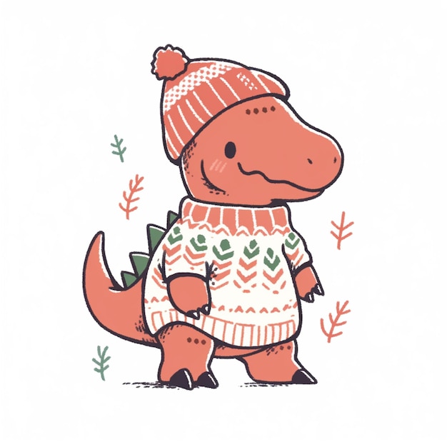 Es gibt einen Cartoon-Dinosaurier, der einen Pullover und eine generative KI-Mütze trägt
