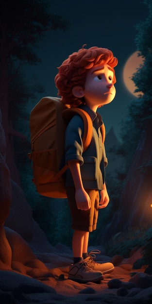 Es gibt einen Cartoon-Jungen mit einem Rucksack, der im Wald steht.