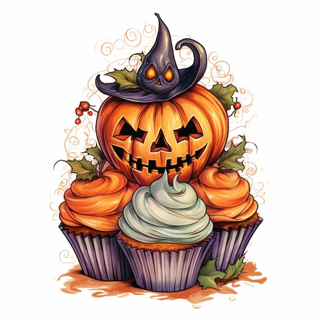 Foto es gibt einen cupcake mit einem halloween-kürbis oben auf der generativen ki