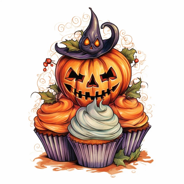 Es gibt einen Cupcake mit einem Halloween-Kürbis oben auf der generativen KI