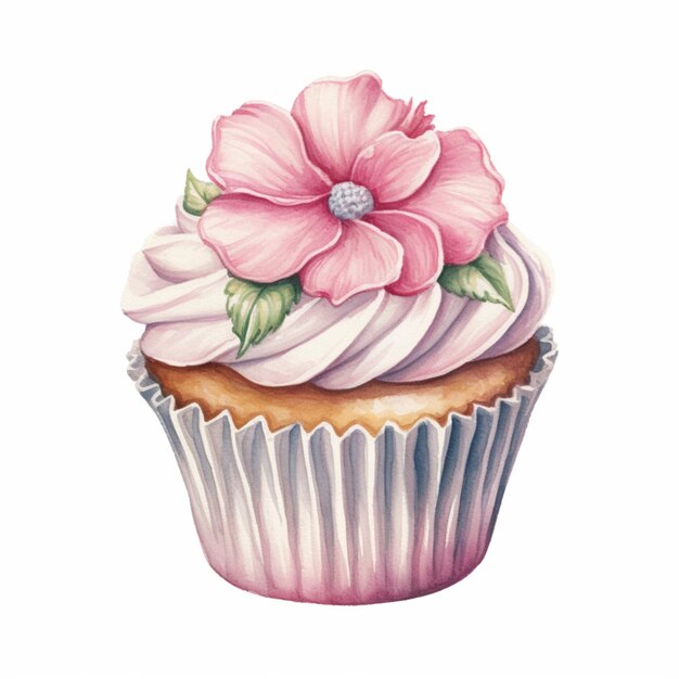 Es gibt einen Cupcake mit einer Blume drauf.