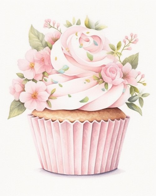 Es gibt einen Cupcake mit rosa Blumen darauf, generative KI