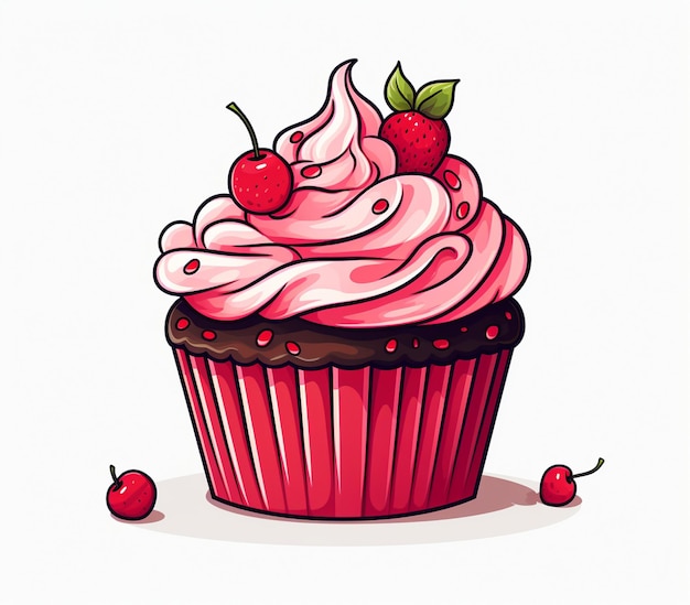 Es gibt einen Cupcake mit rosa Zuckerguss und Kirschen obenauf