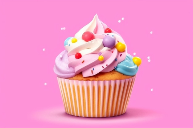 Es gibt einen Cupcake mit weißem Zuckerguss und Streuseln darauf