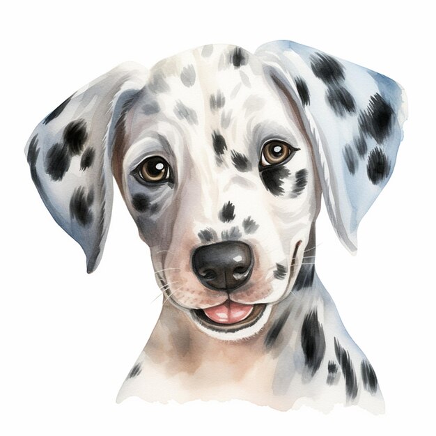 Es gibt einen dalmatinischen Hund mit einem schwarz-weißen Fleck auf seinem Gesicht.