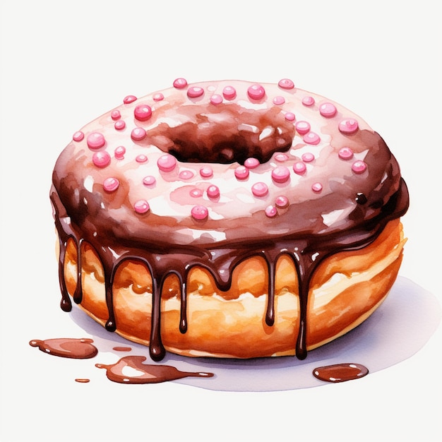 Es gibt einen Donut mit Schokoladenglasur und rosa Streuseln darauf. Generative KI