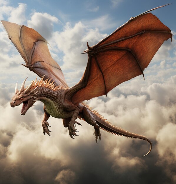 Foto es gibt einen drachen, der mit ausgebreiteten flügeln durch die luft fliegt.