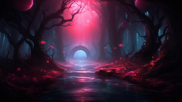 Es gibt einen dunklen Wald mit einem Wasserstrahl und roten Lichtern, die eine künstliche Intelligenz erzeugen