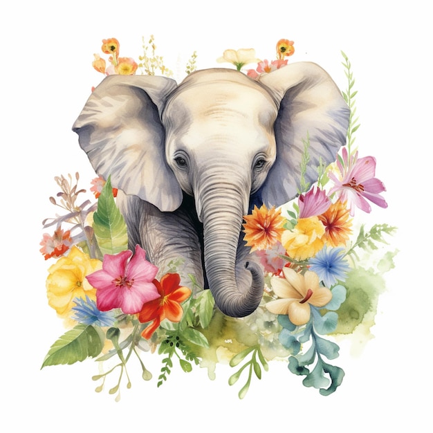 Es gibt einen Elefanten mit Blumen um den Kopf.