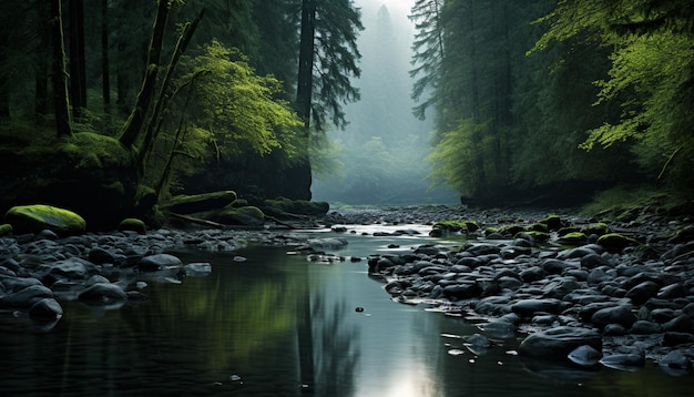 Es gibt einen Fluss, der durch einen Wald voller Steine fließt, der generative KI erzeugt