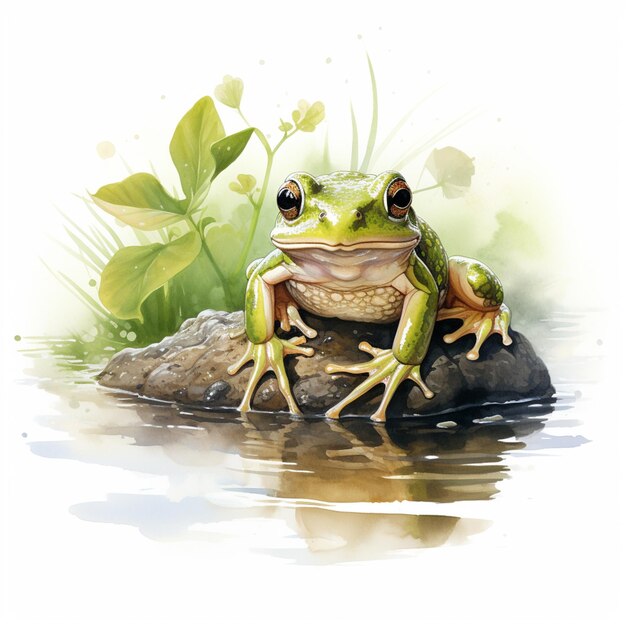 Es gibt einen Frosch, der auf einem Felsen im Wasser sitzt.