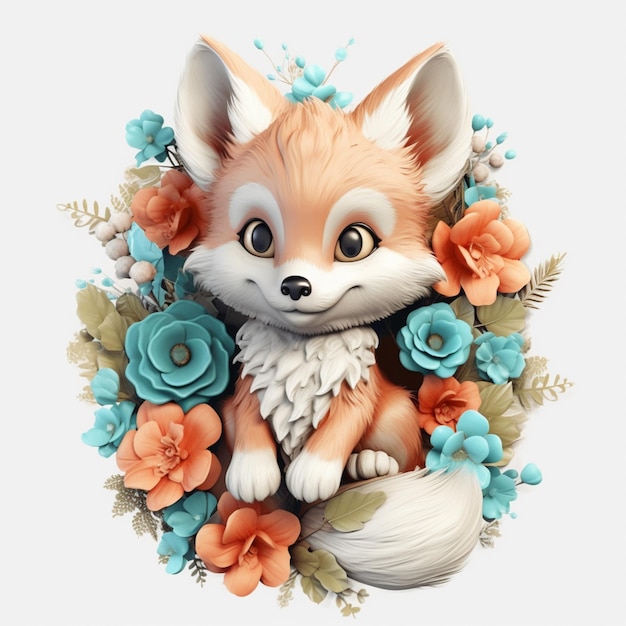 Es gibt einen Fuchs mit Blumen um ihn herum und einen weißen Hintergrund generativ ai