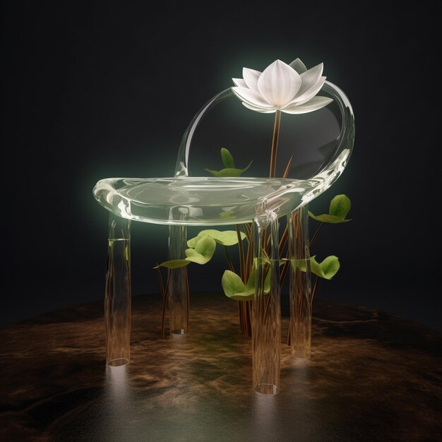 Es gibt einen Glasstuhl mit einer Blume darin auf einem Tisch generativ ai