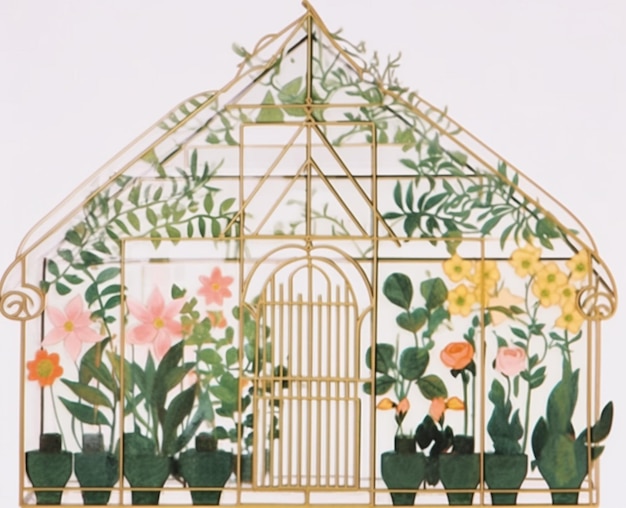Es gibt einen goldenen Vogelkäfig mit Blumen und Pflanzen im Inneren.